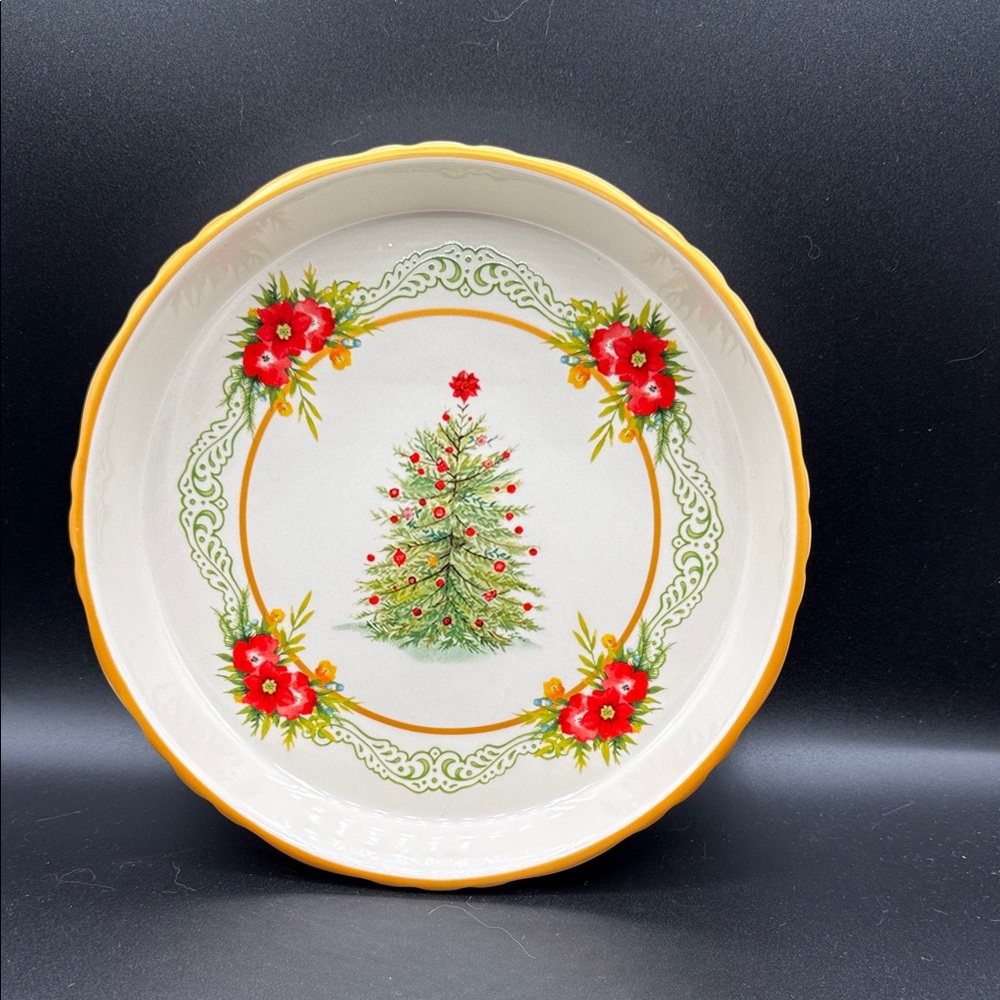 Discontinued The Pioneer Woman Festive Christmas Tree with Red Flowers Pie Dish